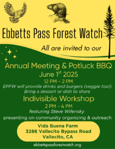 Ebbetts Pass Forest Watch Annual Meeting & Potluck BBQ June 2st, Noon to 2PM