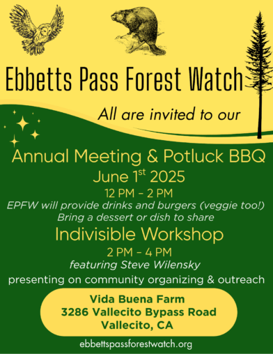Ebbetts Pass Forest Watch Annual Meeting & Potluck BBQ June 2st, Noon to 2PM